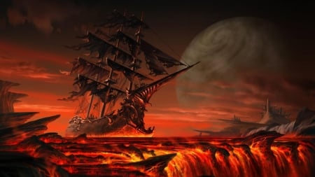 death ship - moon, lava, ship, falls, death