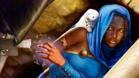 monk and her pet weasel - monk, pet, girl, weasel