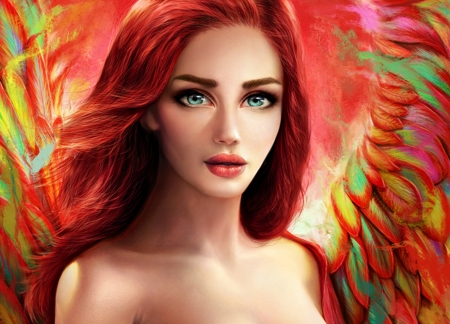 Jaunee Brooks - yellow, angel, pink, jaunee brooks, frumuste, rainbow, art, luminos, girl, beauty, omrikoresh, colorful, fantasy, redhead, green, woman, wings