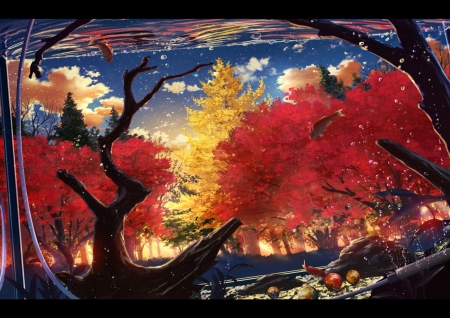 Autumn - autumn, cola, aquarium, water, art, yellow, red, blue, fish, anime, tree, manga