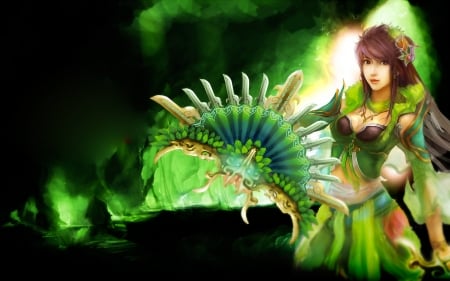 Girl and Green Fan - woman, fan, girl, asian, fantasy, art, pretty, beautiful, green, digital