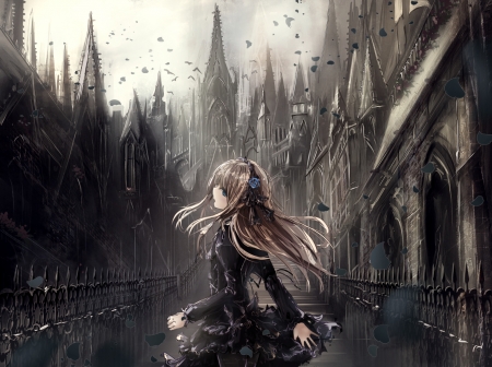 ☮|Chaos|☮ - Blue Rose, Cute, Alone, Fence, Sweet, Destruction, Black, Lonely, Lovely, Black Headband, Anime, Castle, Dark, Long Hair, Kingdom, Fantasy, Blonde, Beautiful, Mystery, Chaos, Blue Eyes, Fair Skin, Birds, Girl, Black Ribbons, Black Dress, Spikes, Wonderful