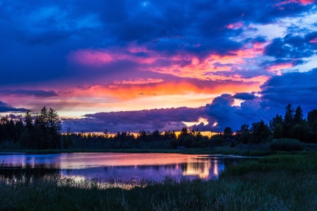 Colorful Sunset - sky, lake, landscape, clouds