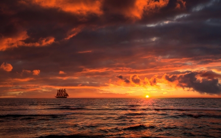 Red Sky - clouds, sea, sunset, sun