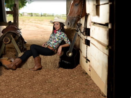 I Like To Play.. - girls, women, style, fun, models, hay, guitar, female, cowgirl, fashion, boots, hats, brunettes, western, ranch, barns