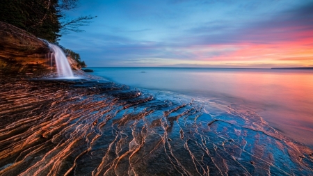 wonderful waterfall at the seashore hdr - beach, ripples, cliff, hdr, sunset, waterfall, sea