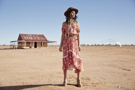 Left At The Hotel.. - style, girls, western, women, models, hats, ranch, outdoors, brunettes, hotel, cowgirl, fun, female, desert, boots, fashion