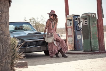 Service Please.. - fun, female, boots, fashion, hats, brunettes, western, cowgirl, style, car, ford, gas pumps, women, models, girls, outdoors, thunderdbird, ranch