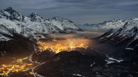 alpine valley towns in switzerland at night - valley, towns, fog, evenong, mountains, lights