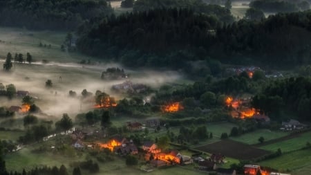 lights on in a village at dawn - village, dawn, river, trees, fog, lights