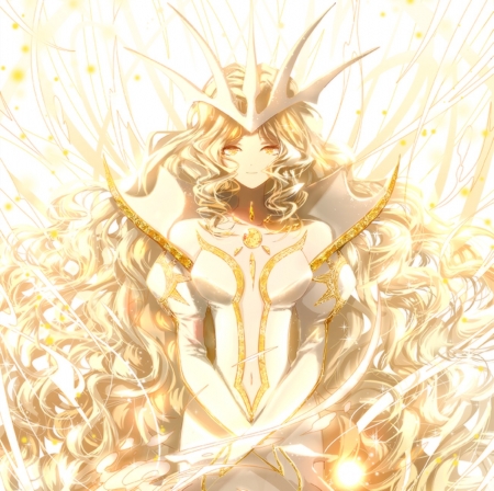 Light Queen - pretty, anime, female, crown, dress, light, long hair, golden, anime girl, beautiful, girl, blonde hair, beauty, lovely, sweet, lady, woman, soft, cute