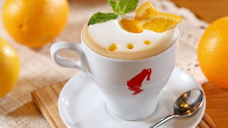 Orange Cappuccino - spoon, cappuccino, still life, cup, foam, oranges