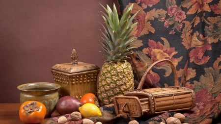 still life - fruit, basket, pineapple, lemon