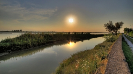 canal along a river - canal, sunset, road, river