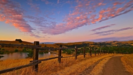 lake in a prairie at sunrise - clouds, prairie, trees, road, sunrise, lake, fence