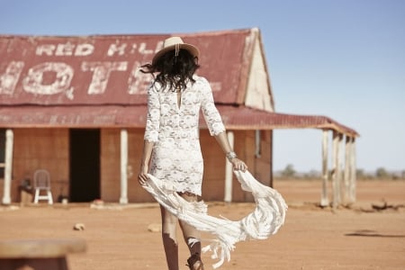 Going Inside.. - girls, women, style, fun, models, female, cowgirl, fashion, hotel, boots, hats, outdoors, brunettes, western, desert