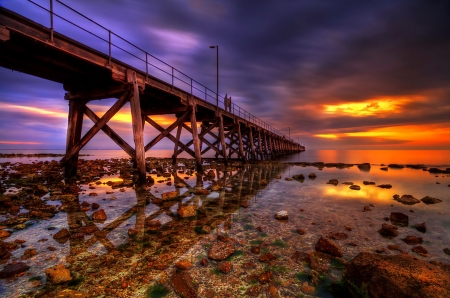 Sea sunset - summer, amazing, beach, beautiful, sea, ocean, stones, pier, shore, sunset, sands, sky, bridge