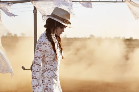 Dusty Wind.. - girls, women, style, fun, models, female, cowgirl, fashion, dust storm, hats, outdoors, brunettes, western, desert