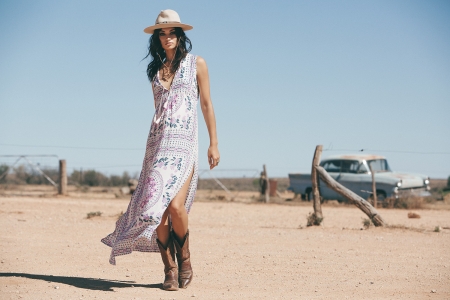 Cowgirl ~ Shanina Shaik - fence, trees, hat, cowgirl, dirt, boots, shanina shaik, car, brunette, dress