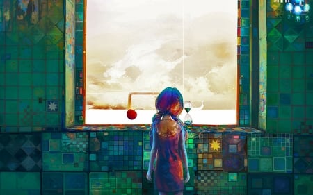 Window to the Past - abstract, fantasy, window, time, girl, dream