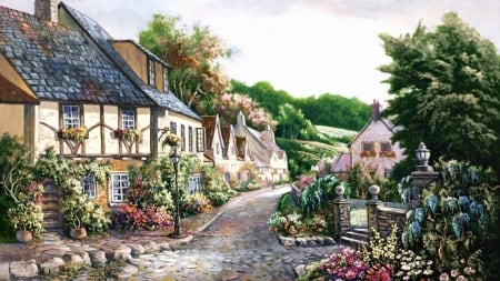 Painting - cottage, village, art, street