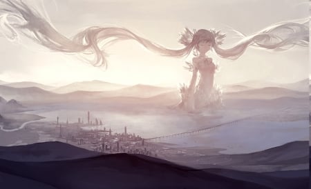 anime city - anime, girl, angel, city, sky