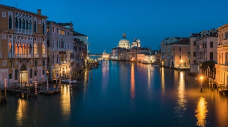 Venice at Night - reflections, grand canal, italy, water, buildings, lights