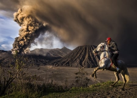 Mt. Bromo Eruption, Java, Indonesia - volcano, horse, landscape, smoke, rider