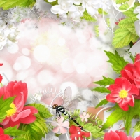 Bright Flowers and Dragonfly