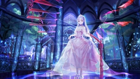 Princess - anime, tiara, kawaii, female, scenery, scene, maiden, crown, dress, night, reflection, long hair, sublime, staircase, gorgeous, princess, heels, anime girl, beautiful, hot, red syes, girl, scenic, beauty, lovely, sweet, flower, petals, high heels, stair, adorable, sexy