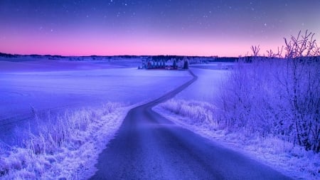 beautiful farm in winter under stars - winter, fields, evening, road, stars, farm