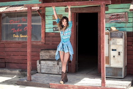 Jake's Diner.. - girls, women, style, fun, models, female, cowgirl, fashion, boots, outdoors, brunettes, western, store, diner, cafe