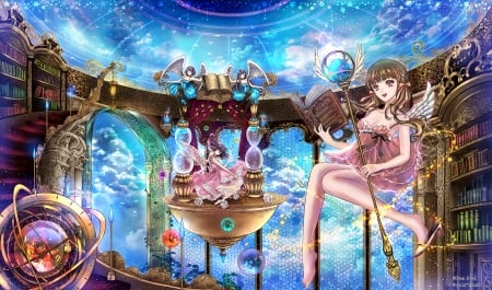 Clara of Knowledge - bird, globe, anime, kawaii, magic, female, wing, blue, book, maiden, dress, angel, pink, reflection, long hair, ribbon, hd, sky, anime girl, obe, lovely, brown hair, sweet, fantasy, smile, lady, wings, cloud, cute, adorable