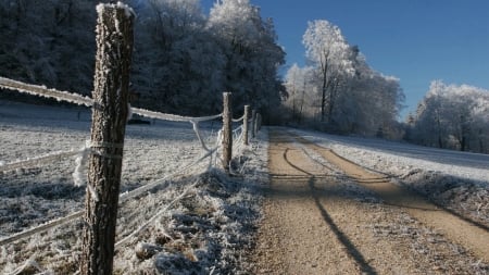 frozen countryside road - countryside, frozen, road, field, forest, fence