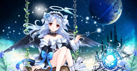 Lengsel - nice, beauty, sky, female, angel, magic, wings, anime girl, fantasy, red eyes, anime, feather, swing, ribbon, cute, moon, girl, long hair, night, lovely, blue hair, star, kawaii, wing, beautiful, sweet, dress