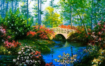 Bridge in summer garden - pretty, trees, summer, pond, beautiful, tranquil, flowers, painting, garden, serenity, lake, art, bridge, park