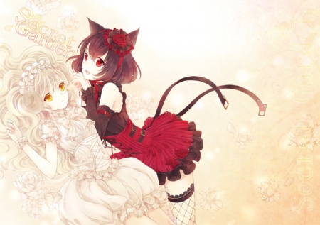 Secret Garden - pretty, anime, dress, pink, long hair, red, pink hair, anime girl, beautiful, beauty, lovely, sweet, girls, black, white, soft, black hair, neko girl