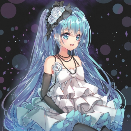 Hatsune - anime, vocaloid, kawaii, female, miku hatsune, blue, dress, hatsune miku, long hair, happy, blue hair, blue eyes, anime girl, girl, black, smile, miku, cute, adorable, hatsune, vocaloids