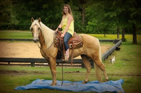 Zane Palomino & Cowgirl.. - style, girls, horse, western, women, palomino, ranch, outdoors, saddle, cowgirl, fun, female, boots, blondes, fashion