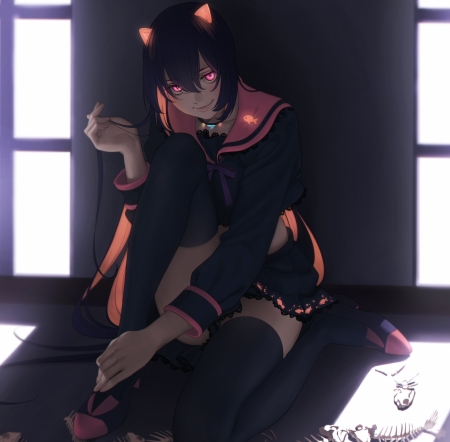 Neko Girl - pretty, anime, skelletons, female, window, pink, long hair, uniform, cat ears, neko, anime girl, beautiful, girl, beauty, lovely, black, lady, woman