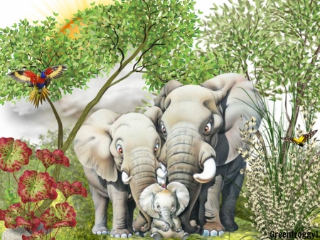 HAPPY FAMILY - three, creation, abstract, elephants