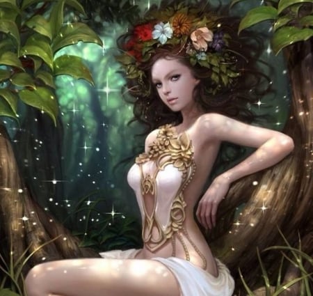 Fantasy Woman - beauty, woman, lady, trees, female, long hair, fantasy, brown hair, art, abstract, beautiful, golden, fantasy woman, garden, dress