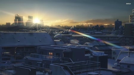 5 centimeters per second - city, sky, sunset, buidling