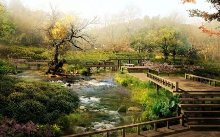 chinese garden - steps, tree, grass, chinese, bridge, garden