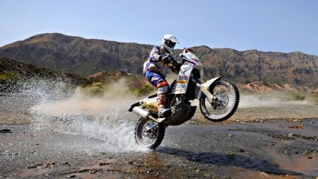 Dakar Rally - motorcycle, water, rider, stream, Rally, sand, dirt bike, river, outdoors, sport, Dakar, mud, off road