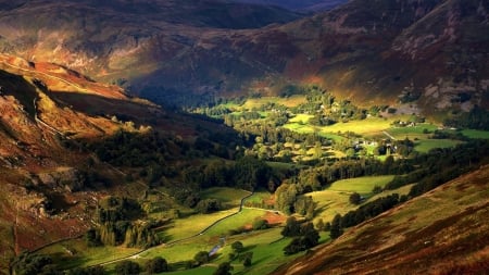 sunshine over green river valley - river, trees, green, sunshine, mountains, valley, farms