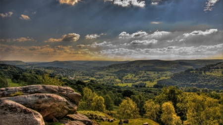 sun rays over panorama of green mountains hdr - sun rays, trees, green, hdr, mountains, rocks, sky