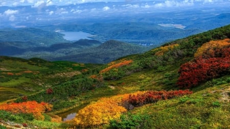 colorful mountainside panorama - lakes, slope, panorama, colors, mountains, bushes