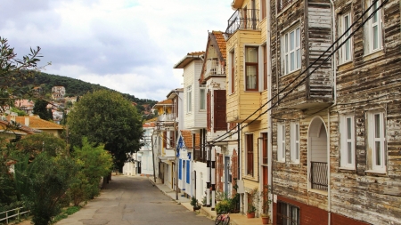 street in the town of heybeliada turkey - street, town, trees, mountain