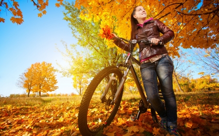 autumn ride - girl, bike, leaf, autumn